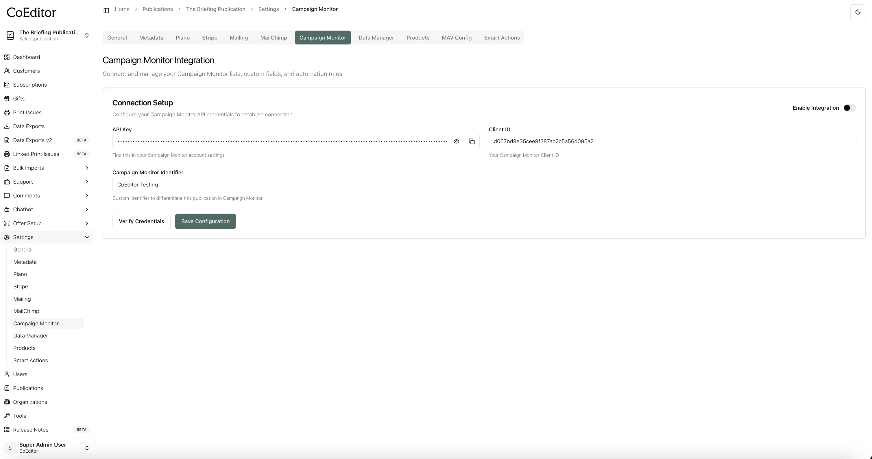 Enter API key and client ID, then verify and save
