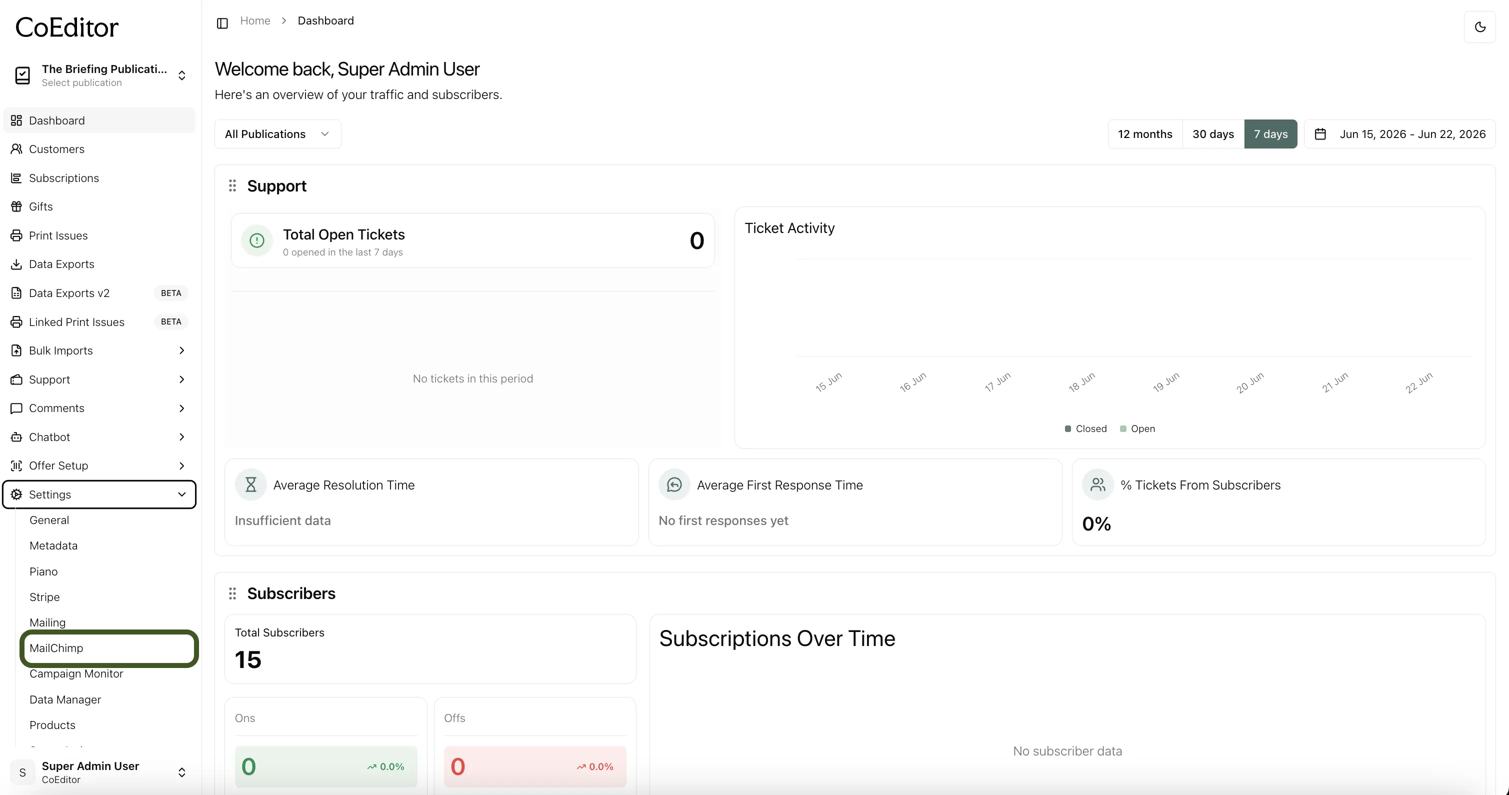 Open Settings and select the Mailchimp tab