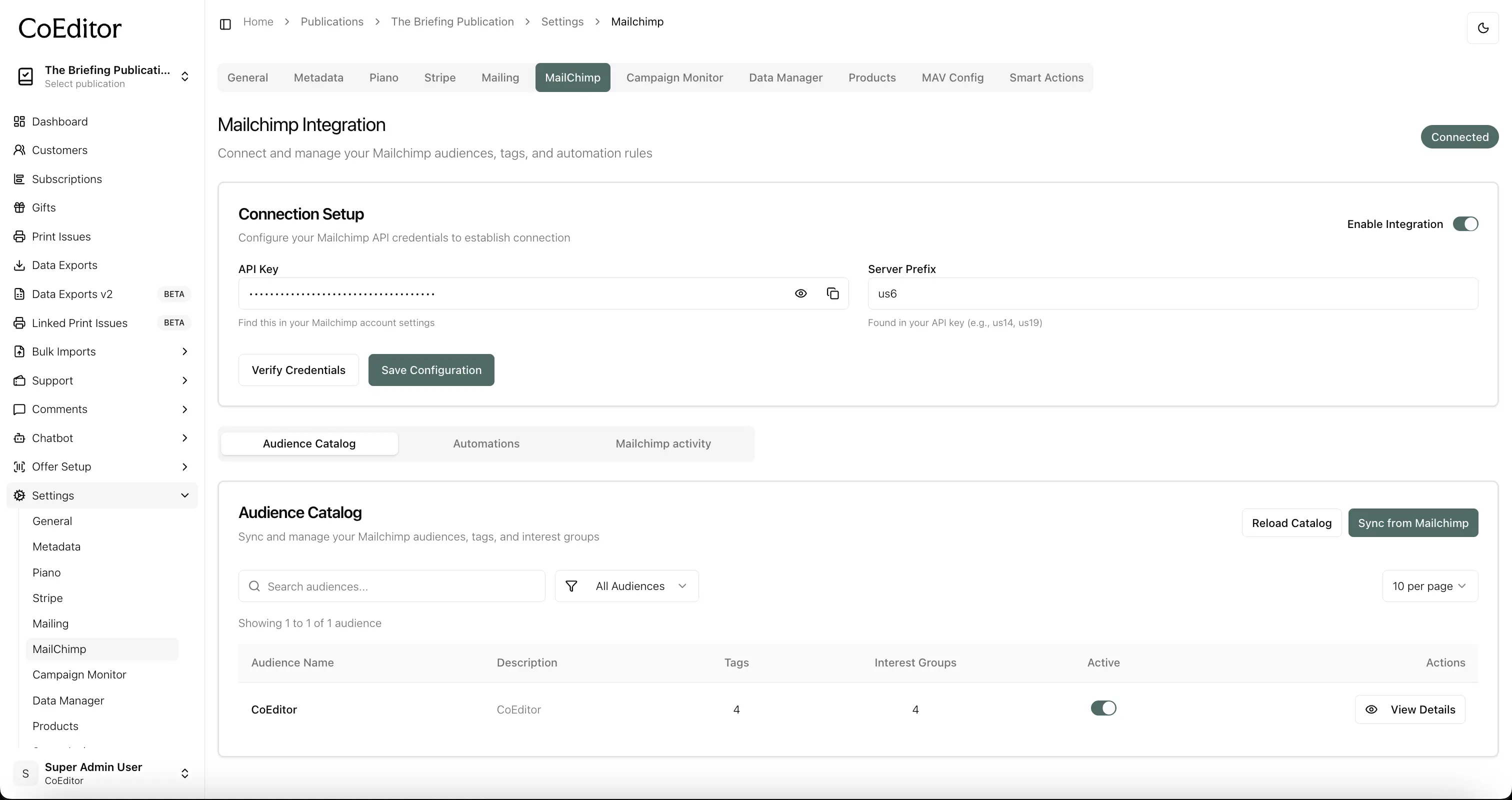 Enter API key and server prefix, then verify and save