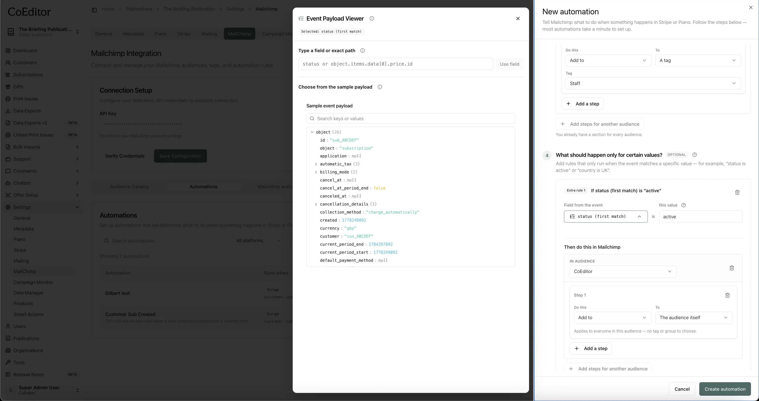 Extra rules — payload field, value, and conditional steps