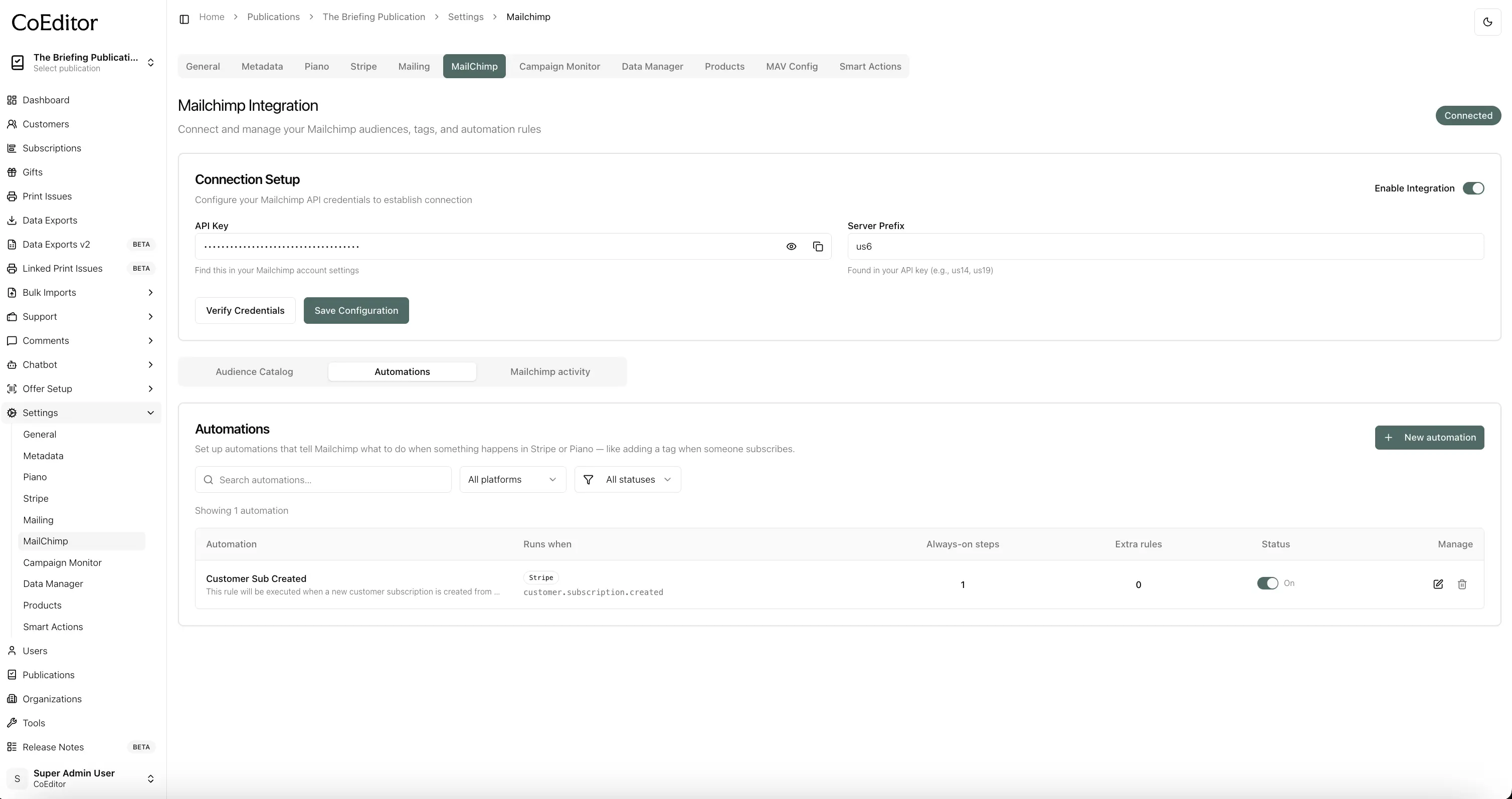 Automations list with saved rules